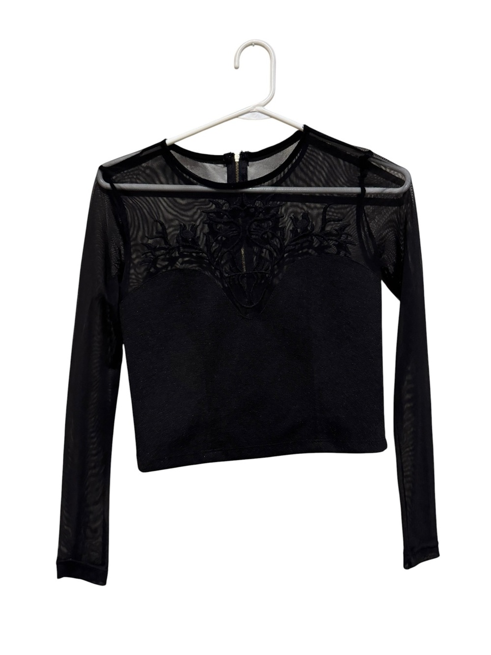 Love Culture Black Mesh Embroidered Long Sleeve Crop Top